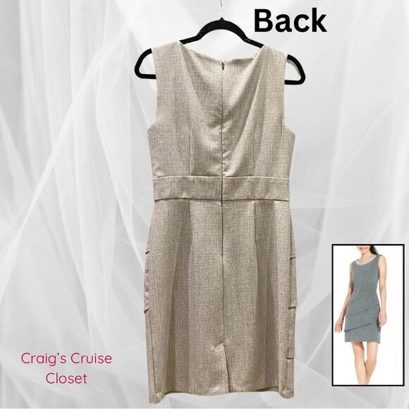 Connected Apparel: Elegant Gray Embellished Neckline Dress, Size 8. - Picture 2 of 7